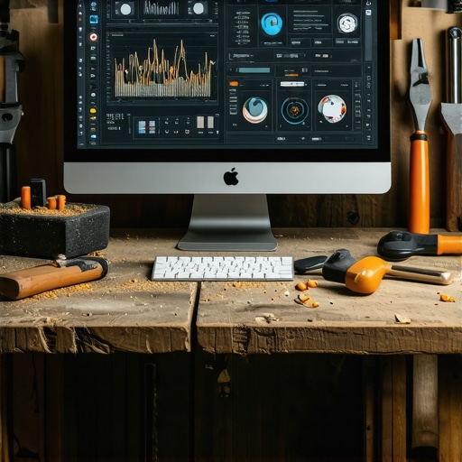 AI analiza podataka na kompjuteru u stolarskoj radionici sa alatima