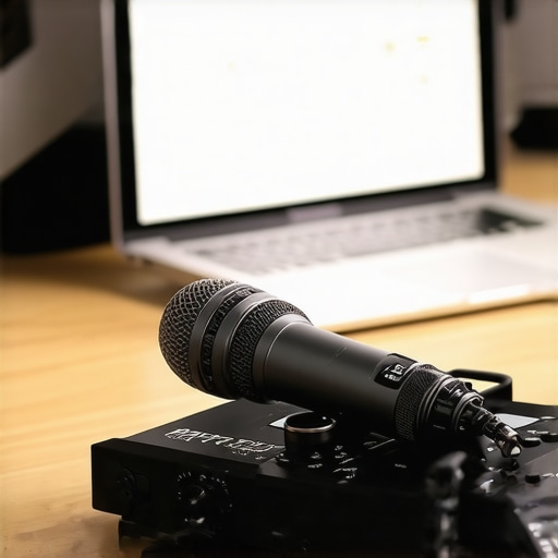 Professional microphone and audio recorder on a desk for high quality AI transcription.