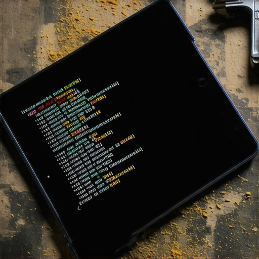 A heavy wrench resting on a tablet with AI code, symbolizing responsibility.