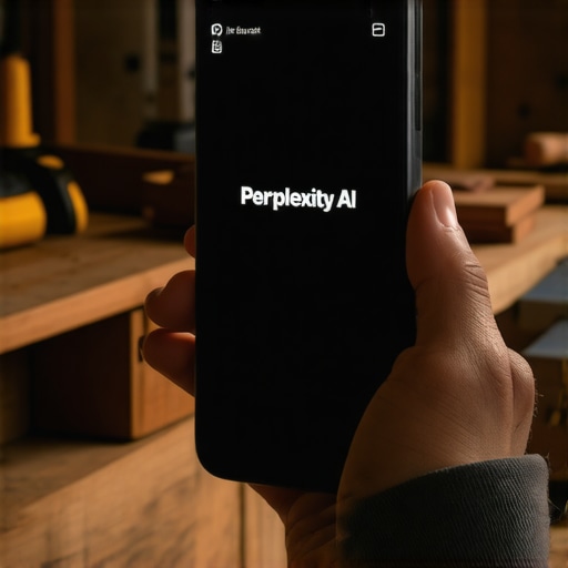 Majstorska ruka drži telefon sa instaliranim Perplexity AI alatom u radionici.