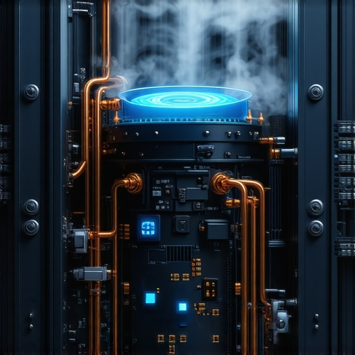 Unutrašnjost kvantnog računara sa bakarnim cijevima i plavim svjetlima