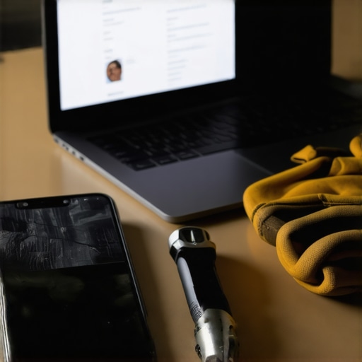 LinkedIn profil na laptopu pored radnih rukavica i alata na stolu