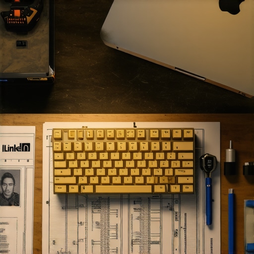 A gritty desktop with a laptop and tools showing AI LinkedIn profile optimization