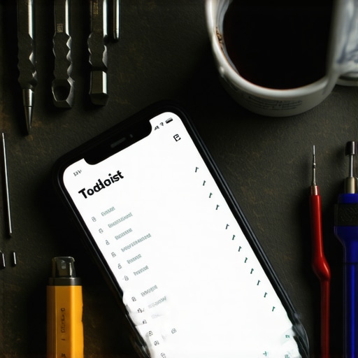 Radni sto sa alatima i telefonom koji prikazuje automatizovanu Todoist listu zadataka