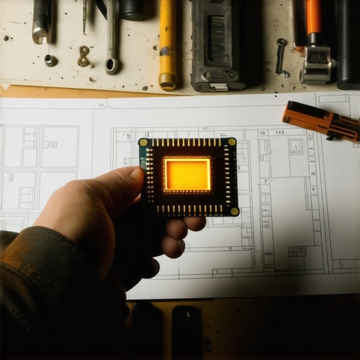 Radnik drži procesor iznad radnog stola u mračnoj radionici