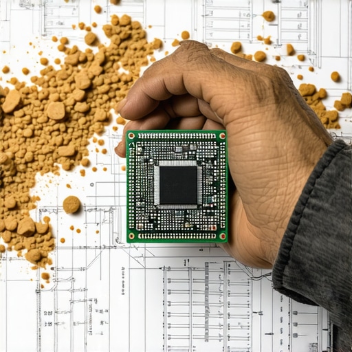Ruka majstora sa mikroprocesorom i nacrtima u pozadini
