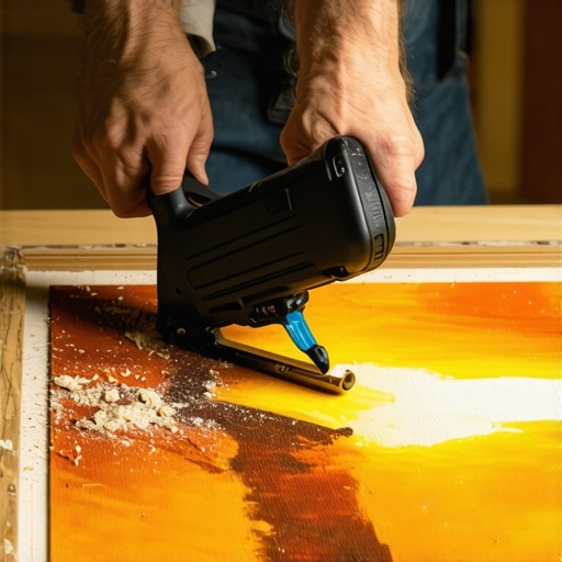 Hands stretching AI painting on wooden frame