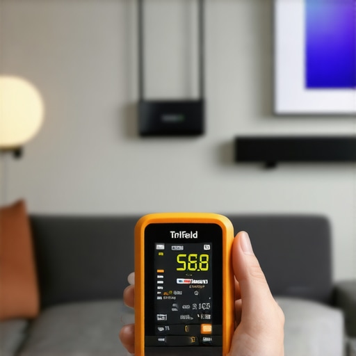 A person using a TriField EMF meter to check signal levels in a smart home environment.