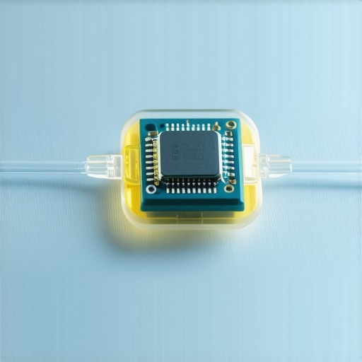 Detaljan prikaz biometrijskog AI čipa za ugradnju u ljude pod medicinskim svjetlom.