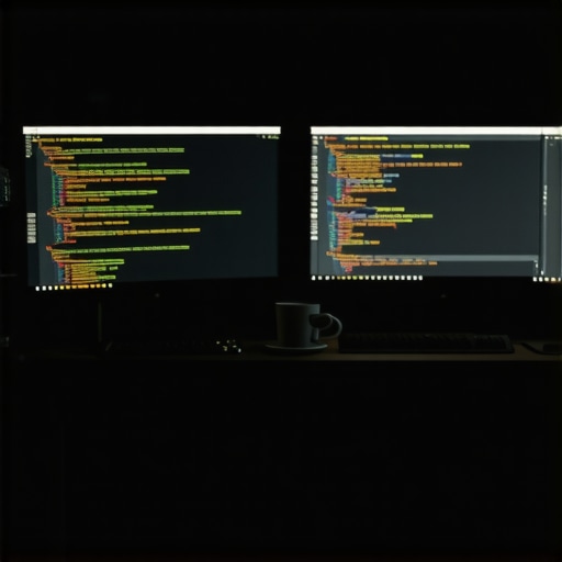 Radni sto sa monitorima i kodom u mračnoj sobi, simbol DIY AI posla.