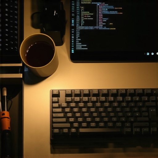 Moderni AI radni prostor u Srbiji 2026 Radni sto sa laptopom, kodom i alatima za AI automatizaciju u industrijskom stilu