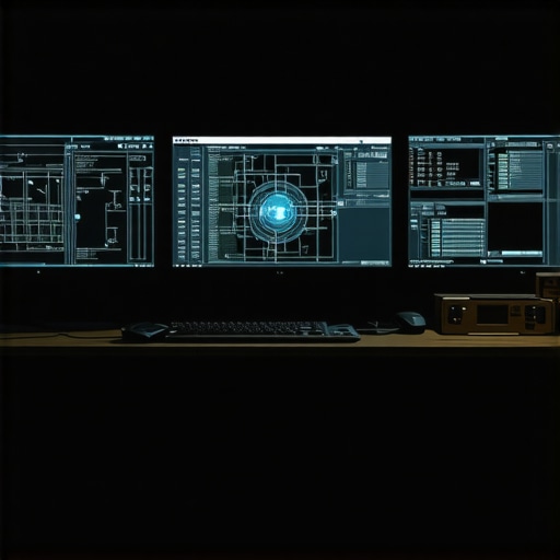 Moderni AI radni prostor u garaži Radni prostor prompt inženjera sa kodom i AI vizuelizacijama u industrijskom stilu