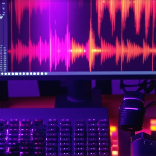 Moderni AI transkripcijski radni prostor 2026 Mehanička tastatura i audio valovi na monitoru u mračnom studiju