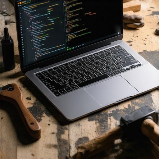 Laptop sa kodom okružen stolarskim alatima na radnom stolu