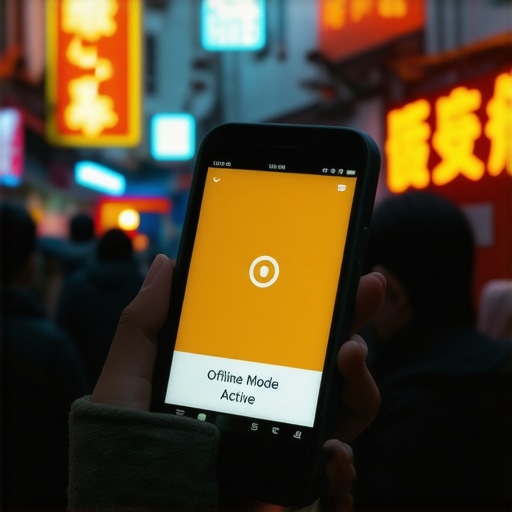 Close-up of a smartphone screen showing offline translation mode in a busy international market environment.