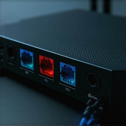 Moderan ruter sa kablovima u tamnom okruženju sa LED svjetlima