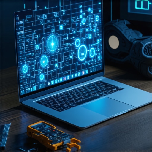 AI search tool on a laptop screen next to traditional workshop tools on a wooden desk.