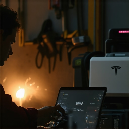 Čovjek programira Tesla Optimus robota preko terminala u garaži