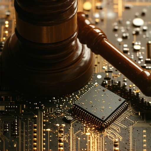 Čekić sudije na pokvarenoj elektronskoj ploči kao simbol AI odgovornosti
