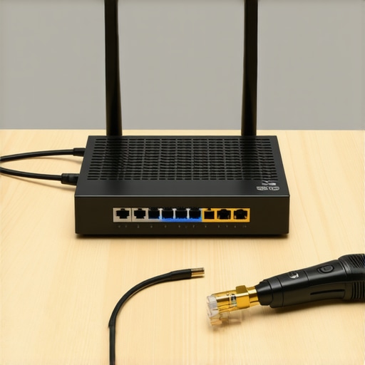 High-performance 5G router on a DIY workbench with networking tools