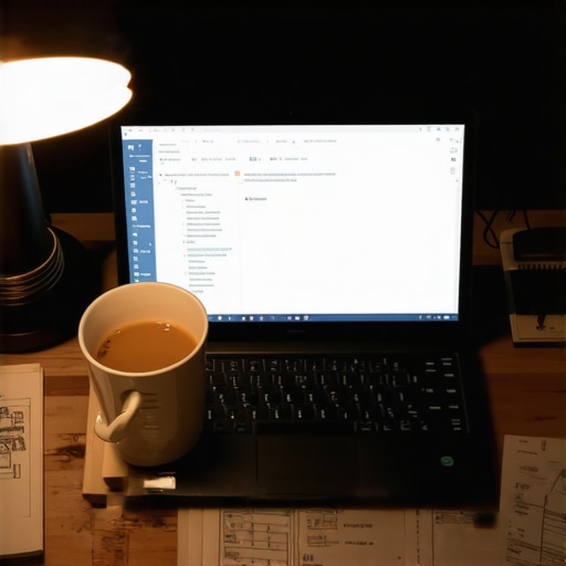 Profesionalni radni prostor za AI produktivnost Laptop sa otvorenim Word dokumentom i Copilot asistentom u mračnoj radnoj sobi