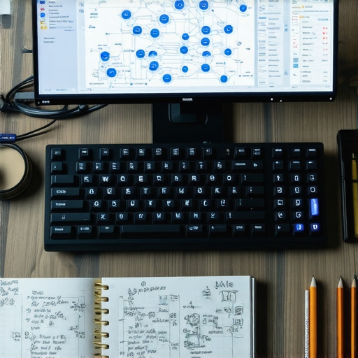 Digitalna mapa uma na monitoru pored mehaničke tastature u mračnoj radnoj sobi