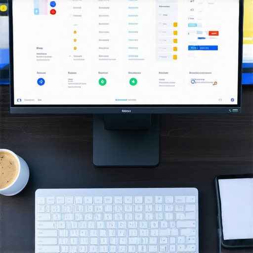 Modern workspace with high-tech project management dashboard on monitor