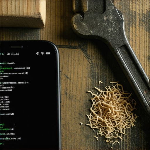 Digitalni kod na ekranu telefona pored starih alata u radionici