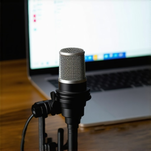 Mikrofon i laptop na radnom stolu za učenje jezika
