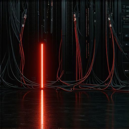 Zapetljani kablovi u tamnom server room-u sa crvenim svjetlom koji simbolizuju AI pristrasnost