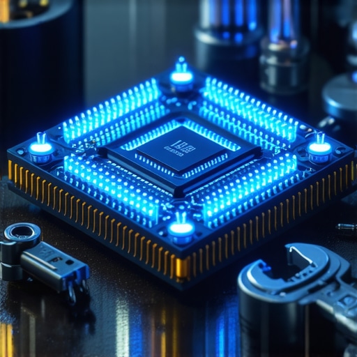 Kvantni procesor okružen ručnim alatima na drvenom stolu