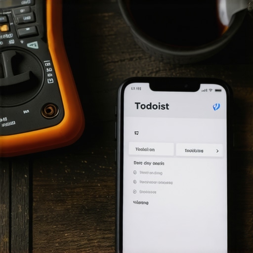 Todoist AI na digitalnom radnom stolu Prikaz Todoist aplikacije na telefonu u profesionalnom okruženju sa fokusom na AI prioritete.