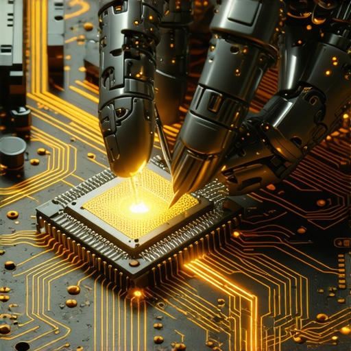 Robotska ruka podešava mikročip na matičnoj ploči simbolizirajući AEO optimizaciju