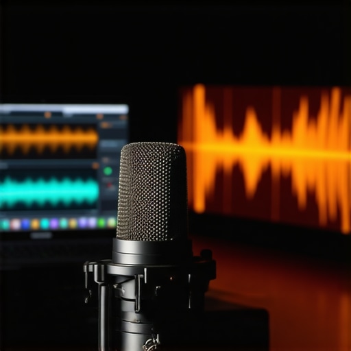 Professional podcast setup with AI audio editing software on screen