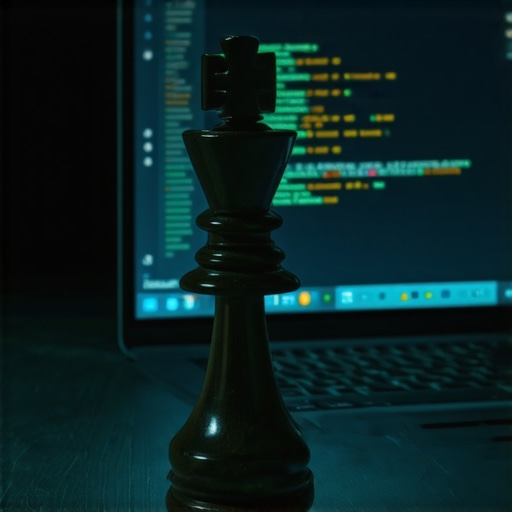 Close-up of a chess king next to a laptop running Stockfish analysis