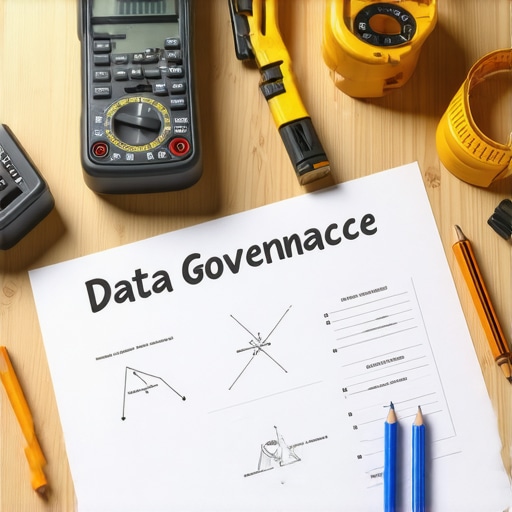 AI Data Governance Workshop Setup Technical data management and security blueprint on a craftsman's table