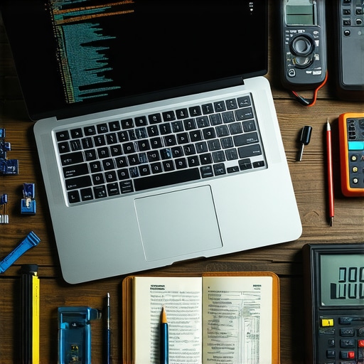 Professional AI developer workspace with hardware and software tools