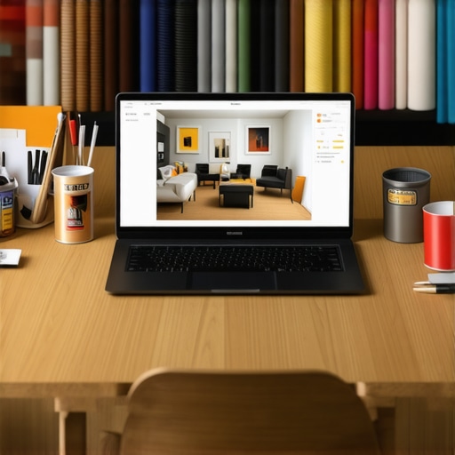 AI Interior Design Integration Close-up of laptop screen with AI room render and real paint samples on a wooden table.