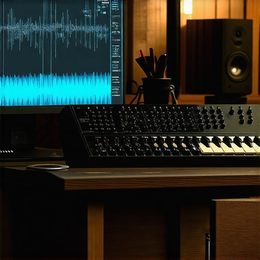 AI audio waveforms and production tools on a maker's desk
