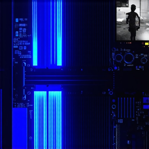 Comparison of blurry and AI upscaled image next to a powerful computer graphics card