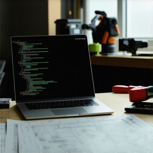 Radni prostor AI inženjera sa kodom i mehaničkim alatima