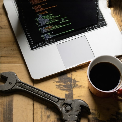 A laptop with code and workshop tools representing DIY AI strategy for small business.