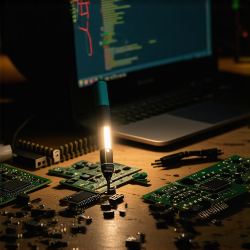 A gritty workshop table with electronics and AI code on a laptop screen.
