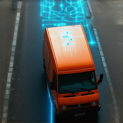 AI optimizacija logistike u gradu Dostavni kombi sa digitalnom mapom rute iznad njega