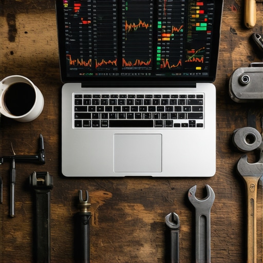 Laptop sa grafikonima prodaje na drvenom stolu u radionici okružen alatima