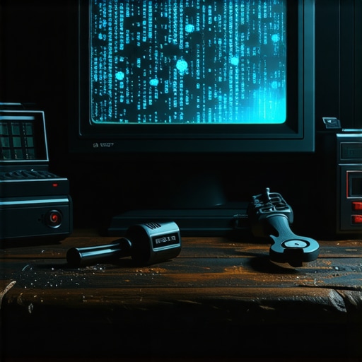 Stari monitor sa AI mrežom i alatima na stolu u mračnoj radionici