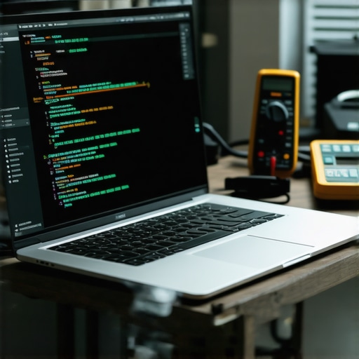 Professional laptop screen showing Aria AI sidebar and coding environment in a workshop setting.