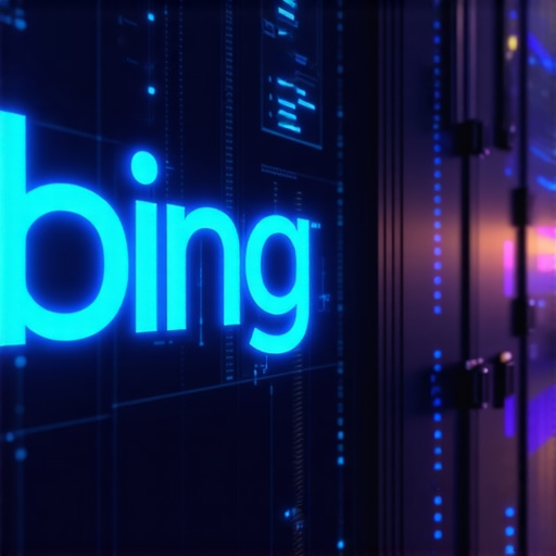 Futuristic blue glowing interface of Bing AI search technology with server background.