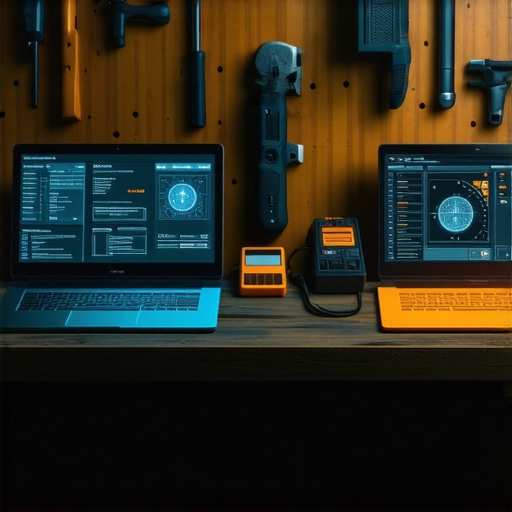 Side-by-side holographic AI interface comparison on a wooden workshop table with tools in the background.