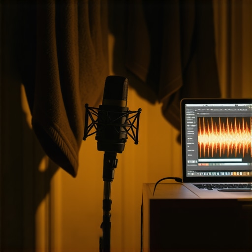 Home studio with AI audio cleaning software and DIY soundproofing blankets